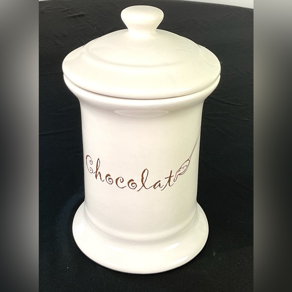 White ironstone storage jar for chocolate – vacuum seal lid – by Designpac Inc.